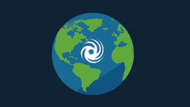 Earth with Swirling Hurricane in Space Flat Design Animation. Large white hurricane spiral over the Atlantic Ocean. Natural disasters, climate change, and global weather patterns 