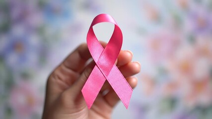 A person's hand holding a pink ribbon, a symbol of breast cancer awareness. - Powered by Adobe