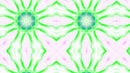 Seamless psychedelic kaleidoscope pattern with neon green, pink and orange mandala symmetry