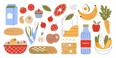 A vibrant collection of hand drawn food items and ingredients in a playful flat illustration style