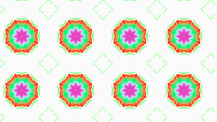 Seamless psychedelic kaleidoscope pattern with neon green, pink and orange mandala symmetry