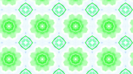 Seamless psychedelic kaleidoscope pattern with neon green, pink and orange mandala symmetry