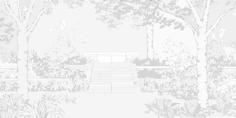 Serene park pathway with stone steps leading to a raised platform surrounded by trees and lush foliage