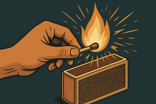 Dark hand match box spark against retro illustration vector striking sparks background
