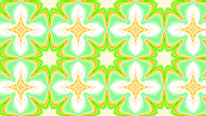 Seamless psychedelic kaleidoscope pattern with neon green, pink and orange mandala symmetry