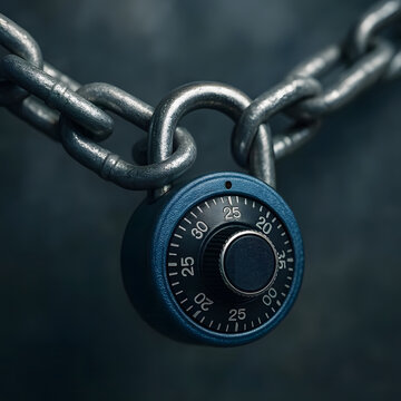 Abstract concept photo with chain and digital lock combination.