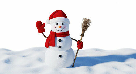 Fototapeta premium Cute cartoon snowman with a red hat and scarf on a white background for a Christmas holiday card illustration