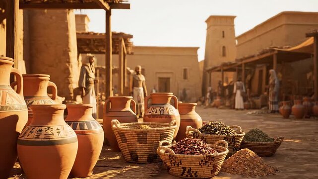 An ancient city scene, featuring clay pots, baskets, figures, and buildings under the bright sky