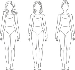 Female fashion figure template, body proportion sketch, hairstyle variation reference, tank top model, minimal clothing, fashion design, anatomy study
