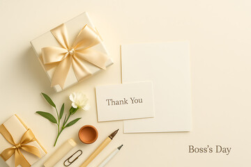 Boss’s day appreciation concept with thank you card gift box ribbon and carnation flower on cream background