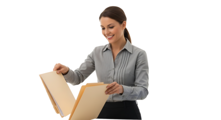 Smiling professional woman reviewing documents in file folders on transparent background