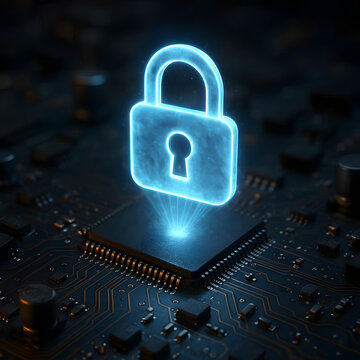 Close-up of circuit board with glowing lock hologram above it.
