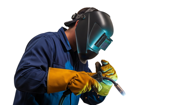 Welding professional carefully uses equipment with protective gear on transparent background