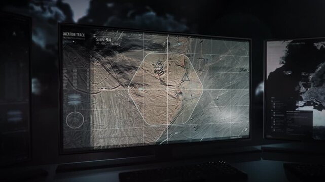 Multiple Monitors. Radar Data. The Most Advanced Spying System. Destination Approved. Showing the Footage from the Drone Flying above the Desert in Asia. Software. User Interface. Tracking.