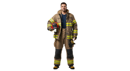 Handsome firefighter in uniform holds helmet and gloves on transparent background