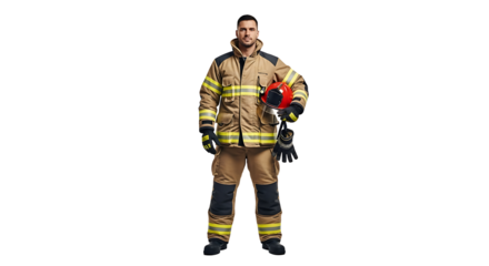 Confident firefighter holding red helmet, standing in full uniform on transparent background