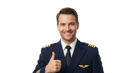 Smiling pilot in blue uniform giving thumbs up on transparent background