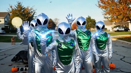 Group of Aliens in Silver Costumes Celebrating Halloween