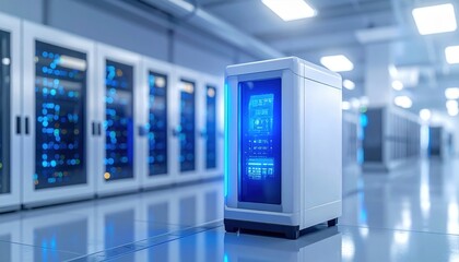 Modern data center with glowing blue servers representing cloud computing innovation cybersecurity and the evolution of digital infrastructure for the future economy