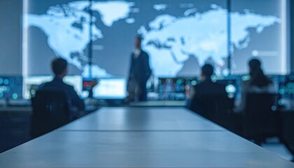 Global command center with professionals analyzing data on digital world map symbolizing international cooperation strategy and technology driven decision making