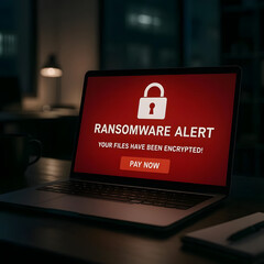 Laptop displaying ransomware alert in a dark office setting