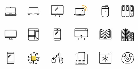 Modern technology elements and office supplies icons symbolizing digital transformation, work productivity, and business innovation, ideal for tech startups and modern workspaces