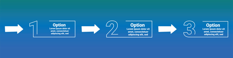 Three-step infographic with arrows and numbered boxes on blue gradient background. Minimal linear design for process chart, instruction layout, or business presentation.