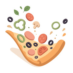 Pizza slice with flying toppings – pepperoni, tomato, olive, mushroom, and bell pepper. Tasty Italian food concept. Vector flat illustration isolated on white.