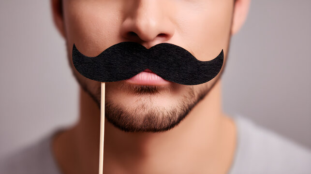 Man holding fake mustache celebrating movember or party