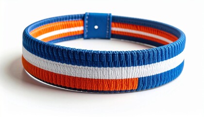 Tricolor wristband segmented into blue, white, and orange sections, laid out in a circular shape with a clasp and embossed detail. A clean and vibrant accessory ideal for fashion branding, promotional