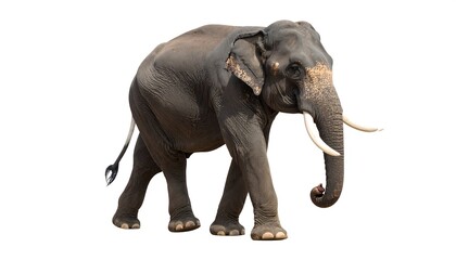 Obraz premium Large, gray pachyderm with impressive tusks and long trunk walks towards the viewer against a clean, white background. Its massive size is evident
