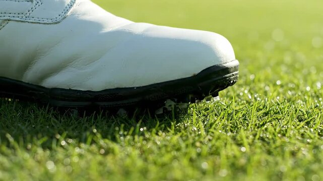 Close-up of a white shoe on wet green grass, with shallow depth of field