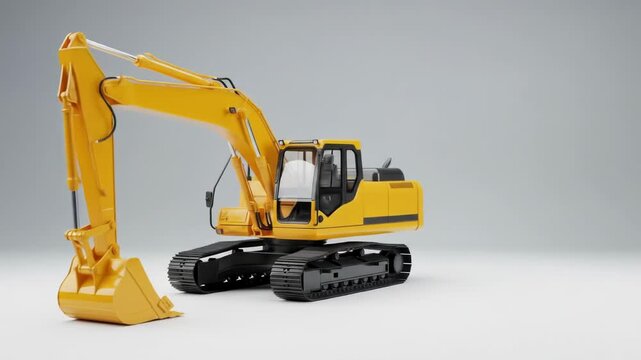 A detailed, studio-lit image shows a yellow construction excavator on a white surface, with a grey gradient background. It has tracks