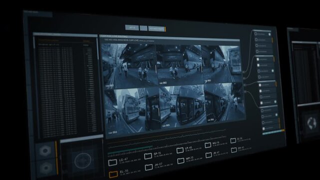 Futuristic Spy Computer Searching For Criminals By Connecting To CCTV Security. Futuristic Spy Intelligence Computer Interface Searching Target On Streets. Futuristic Tech. Spy Computer Software