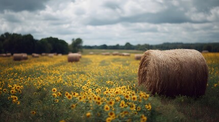 Rural countryside scene featuring a field of blooming sunflowers and round hay bales under a cloudy overcast sky