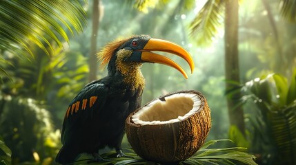Obraz premium A macro image of a hornbill drinking from a cracked coconut, jungle light streaming in with green palm trees behind.