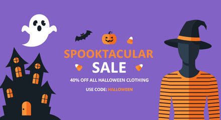 Spooktacular Halloween sale banner with a haunted house ghost pumpkin and witch hat perfect for seasonal promotions