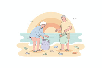 Senior couple cleaning polluted beach at sunset promoting environmental conservation and active lifestyle