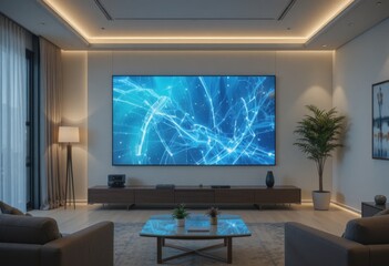 Fototapeta premium Sala de estar moderna con interfaz de hogar inteligente proyectada en una pared de vidrio, que representa la vida conectada y la comodidad digital