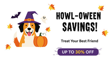 Playful dog in witch hat with pumpkin bat ghost and autumn leaves for Halloween savings Ideal for pet store promotions