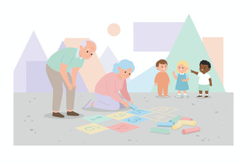 Grandparents and kids playing hopscotch with chalk joyful intergenerational family activity outdoors