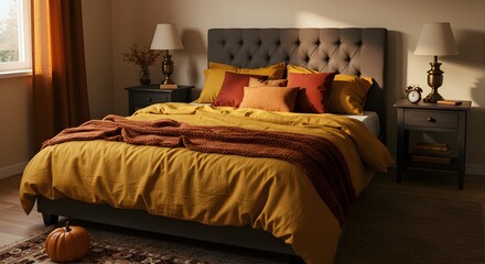 Bedroom interior with bed and decorative elements