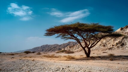 A solitary umbrella-shaped tree stands in a barren desert with rocky hills in the background under a bright blue sky. Concept Lone umbrella-shaped tree in a barren desert