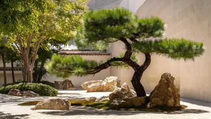 A sculpted pine bonsai with a twisted trunk grows among rocks in a serene gravel Zen garden. Concept Pine Bonsai, Twisted Trunk, Zen Garden, Gravel, Rocks