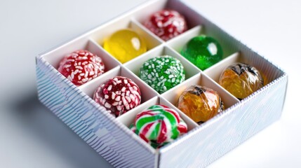Colorful candy collection neatly arranged in a box showcasing festive seasonal treats ready for enjoyment