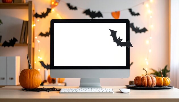 Halloween themed workspace with computer and pumpkins.