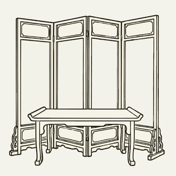 Traditional folding screen and table in vintage style design  