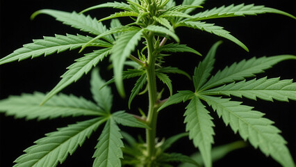 Vibrant green cannabis plant branch with detailed serrated leaves against a stark black background showcasing natural growth and organic beauty