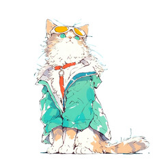 ジャケットを着ているおしゃれな猫、イラスト、背景なし、動物、ストリートスタイル、スタイリッシュ