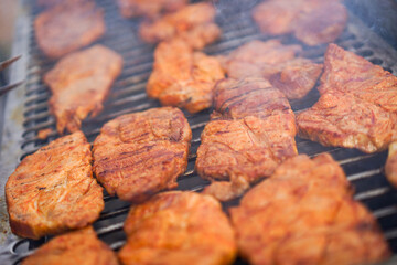 A grill full of meat is cooking on a hot surface
